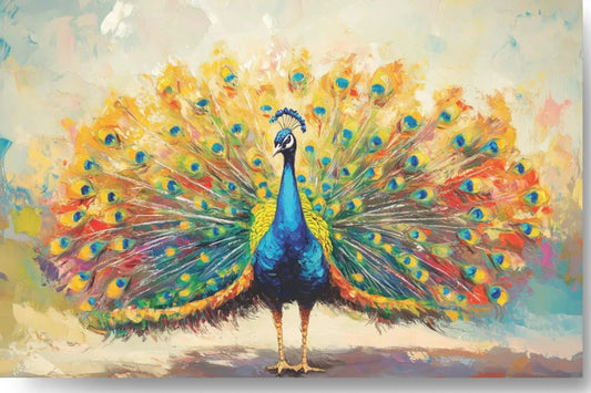 vastu peacock painting, dancing peacock painting, peacock painting for wall decoration, vastu painting, wall art, painting for living room, single peacock painting