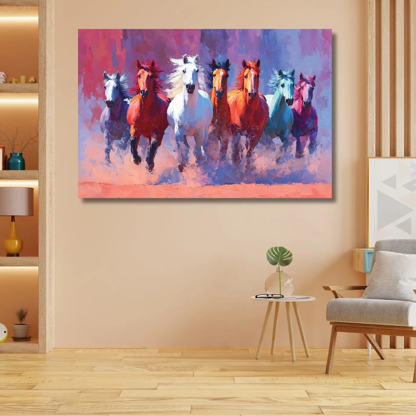 Colorful painting of 7 horses on a wall in a living room setting.