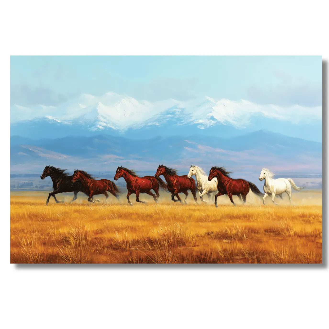 7 Horses running in a field with mountains in the background
