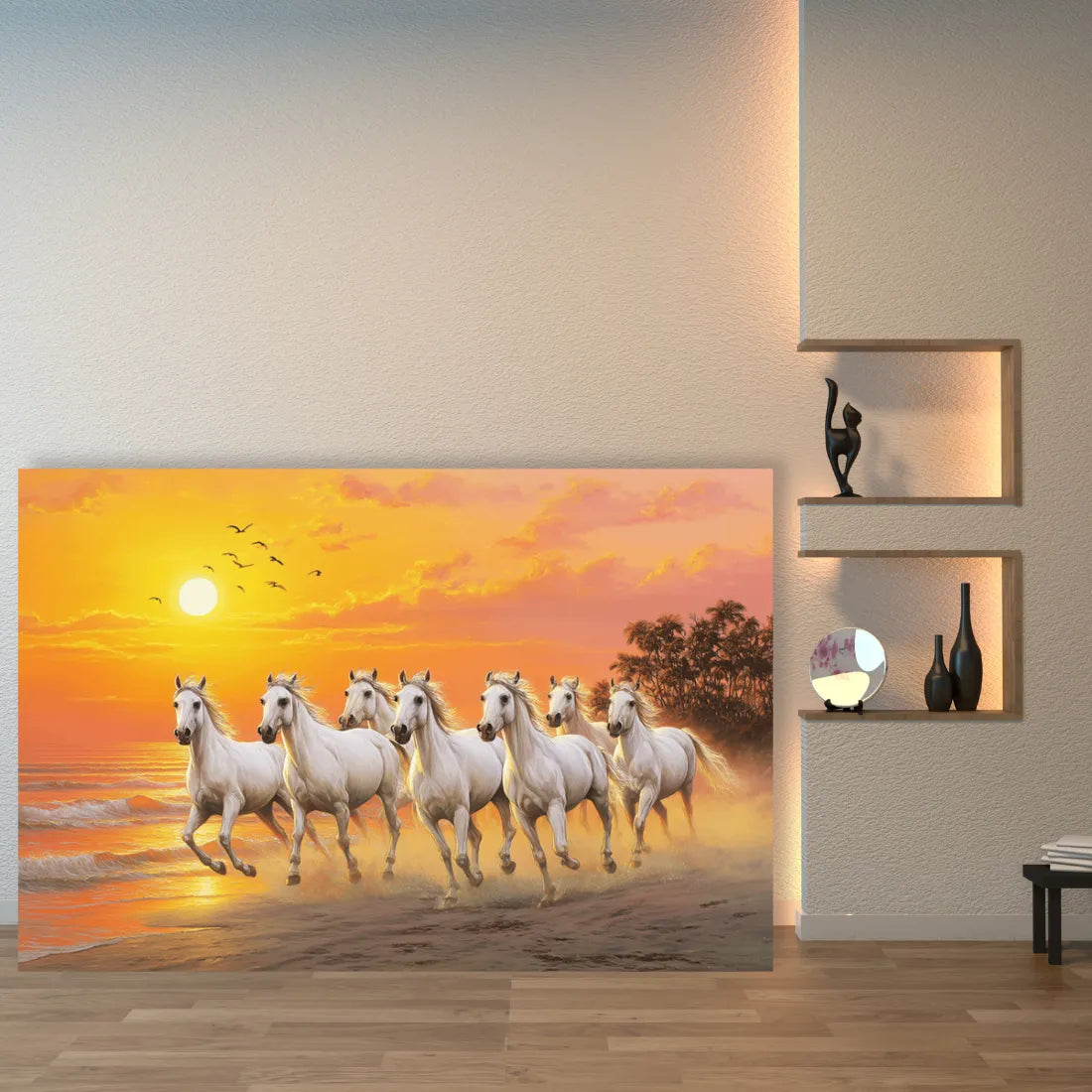 Canvas print of white horses running on a beach at sunset in a room with shelves.