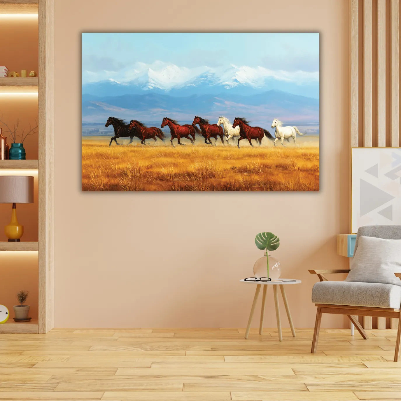 Living room with a painting of 7 horses running on a field
