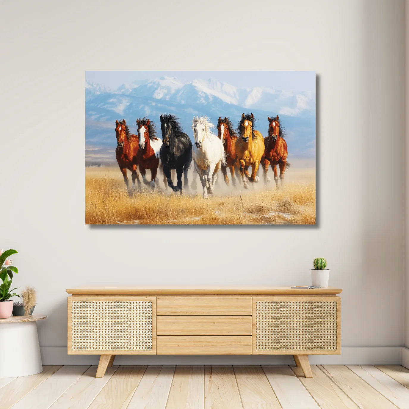 Canvas print of horses running in a field above a wooden cabinet.