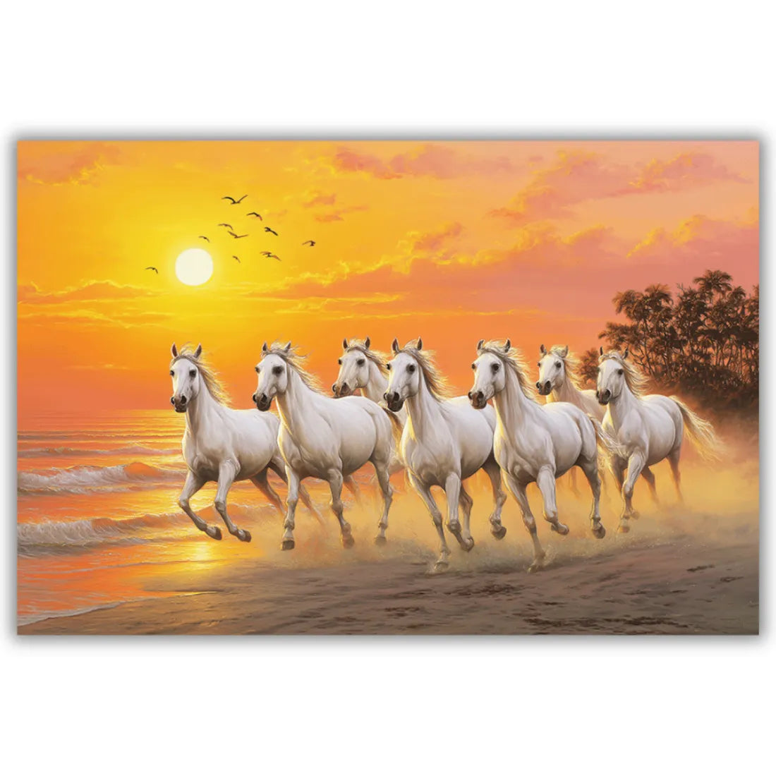Painting of white horses running on a beach at sunset.