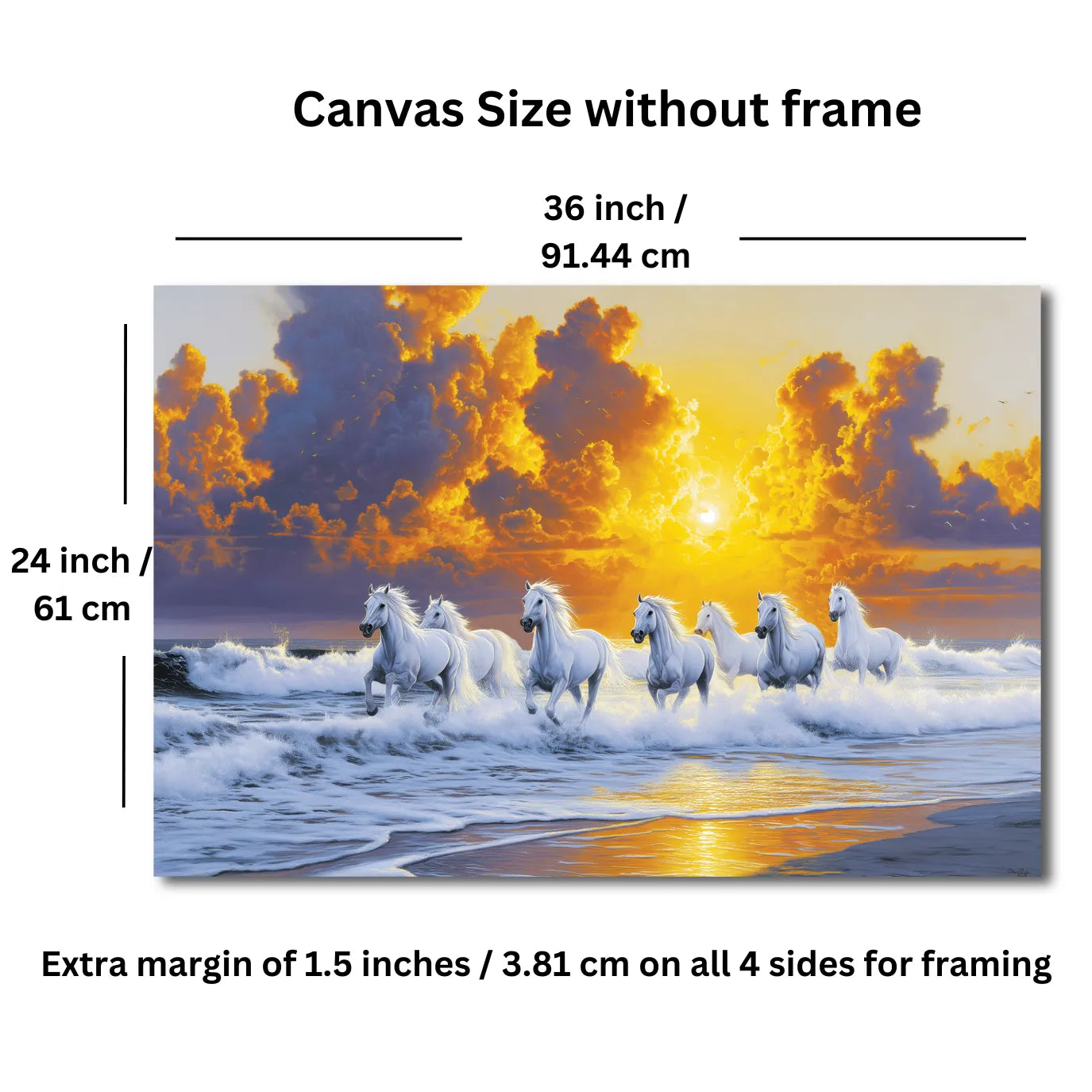 Canvas size measurement chart with a scenic artwork of 7 horses on a beach at sunset.