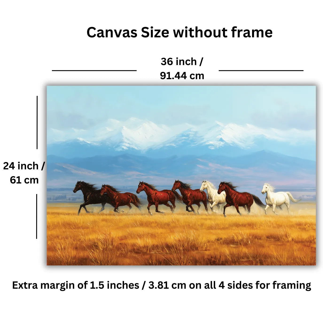 Canvas size without frame with 7 horses running in a field and mountain background