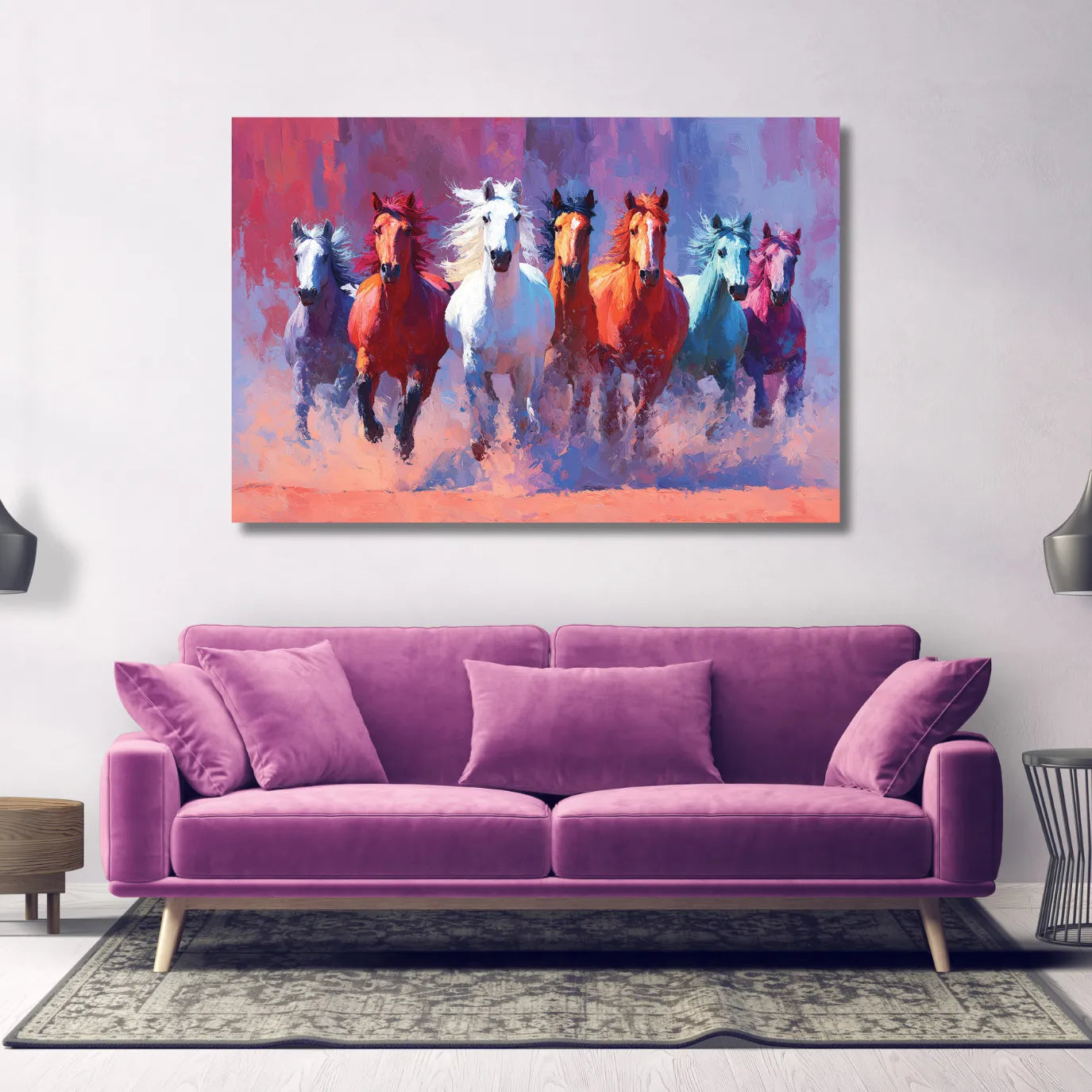 Colorful painting of horses running above a purple sofa in a room.