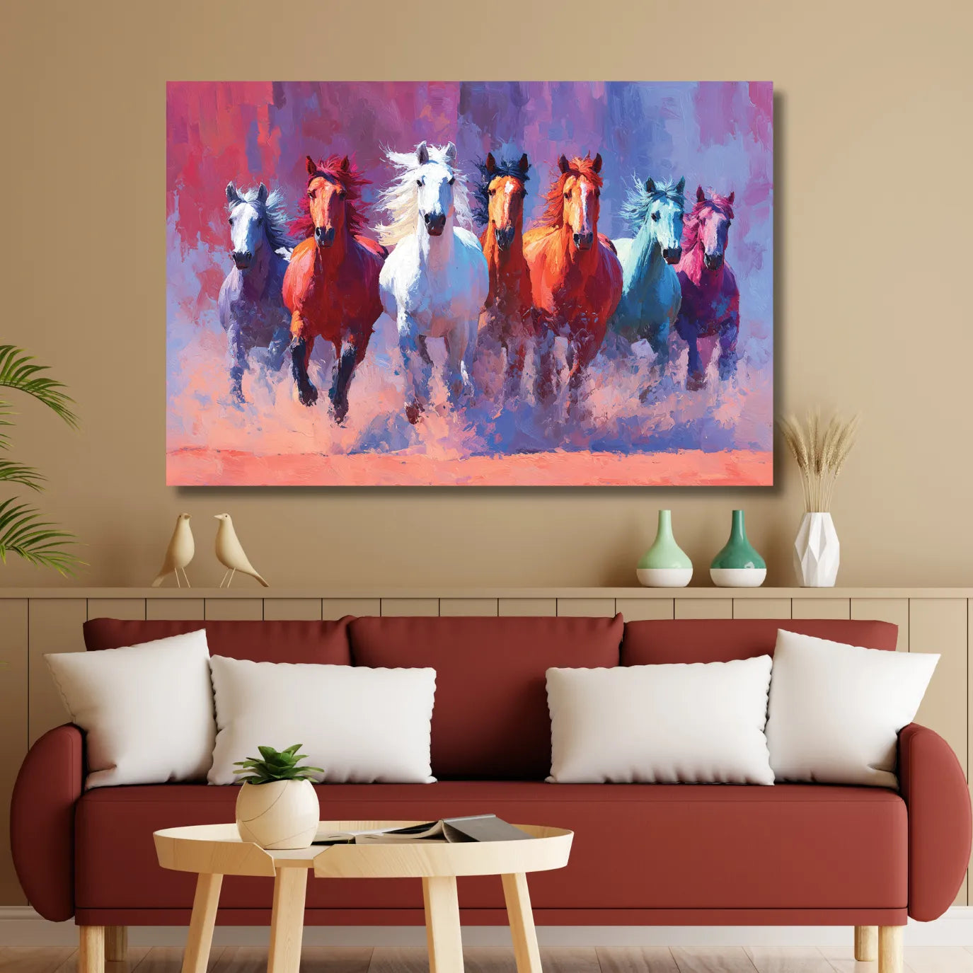 Colorful abstract painting of horses on a wall above a red sofa.
