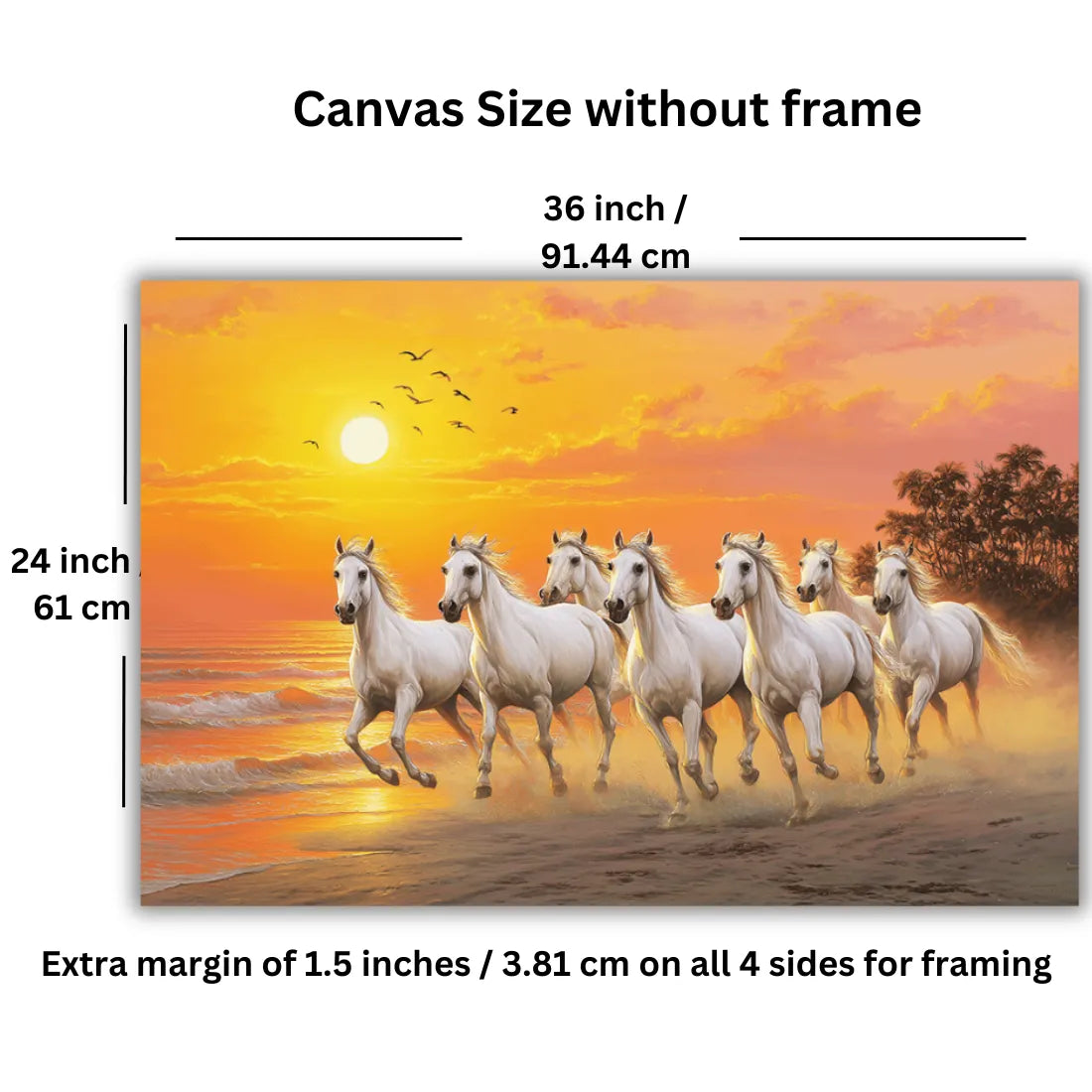 Canvas size without frame with a scenic painting of 7 horses running on a beach.