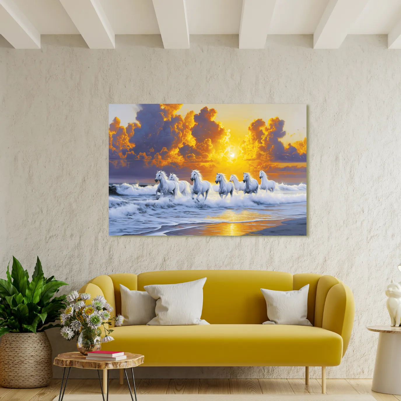 Yellow sofa in a living room with a large painting of 7 white running horses on a beach above it.