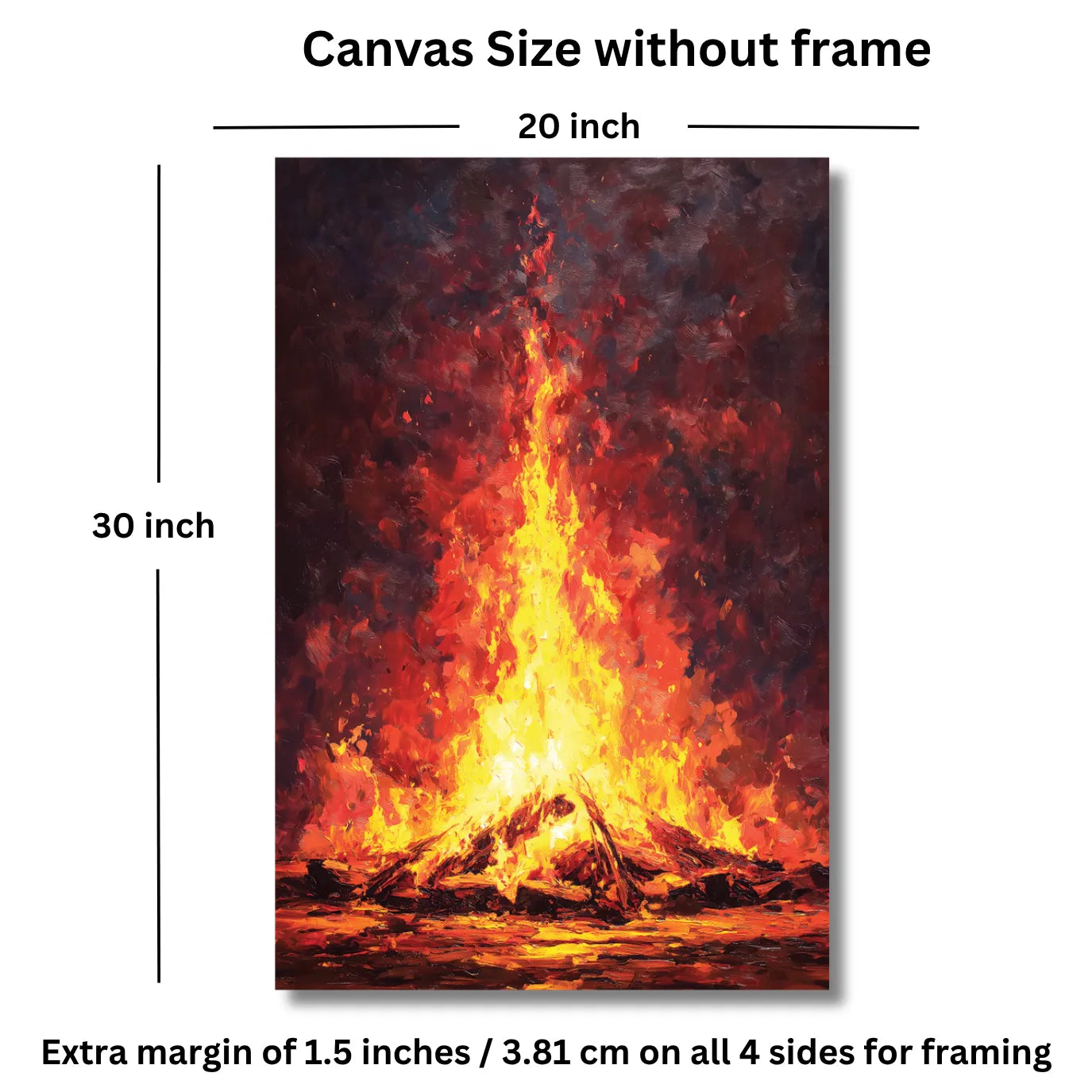 Canvas size without frame showing dimensions and margin details of the fire painting.