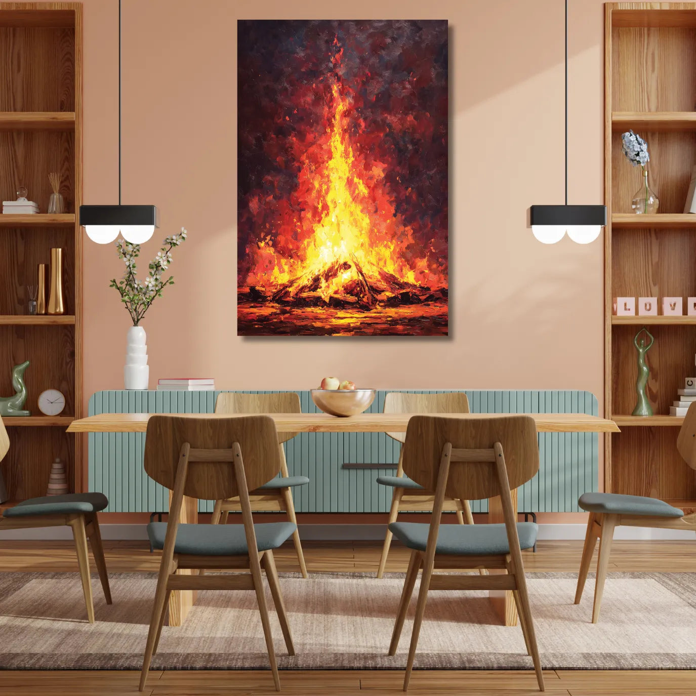 Dining room with a large abstract painting of fire/flames on the wall.