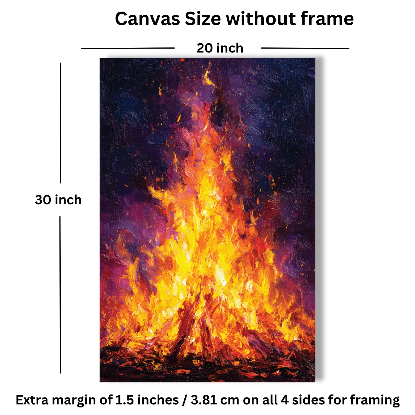 Canvas size without frame showing dimensions and margin details for a fire painting