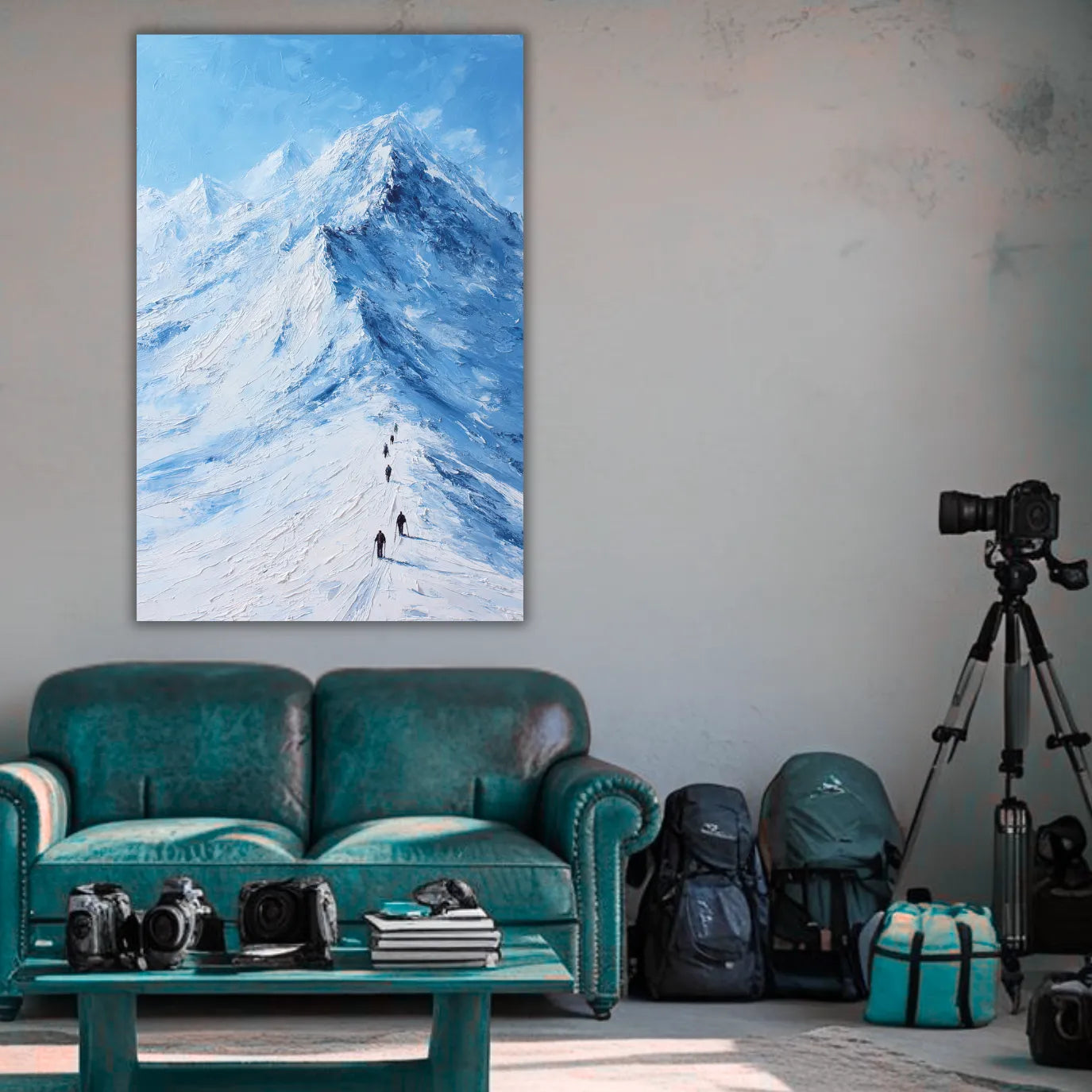 Living room with a large mountain painting on the wall