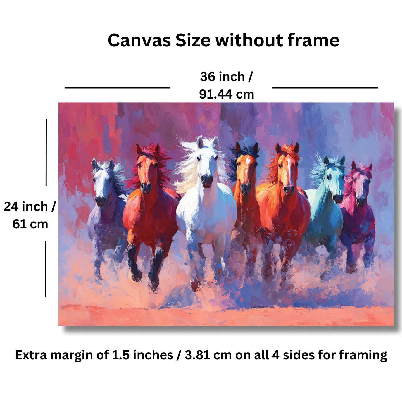 Canvas size chart with a colorful painting of 7 horses running, showing dimensions and framing details.