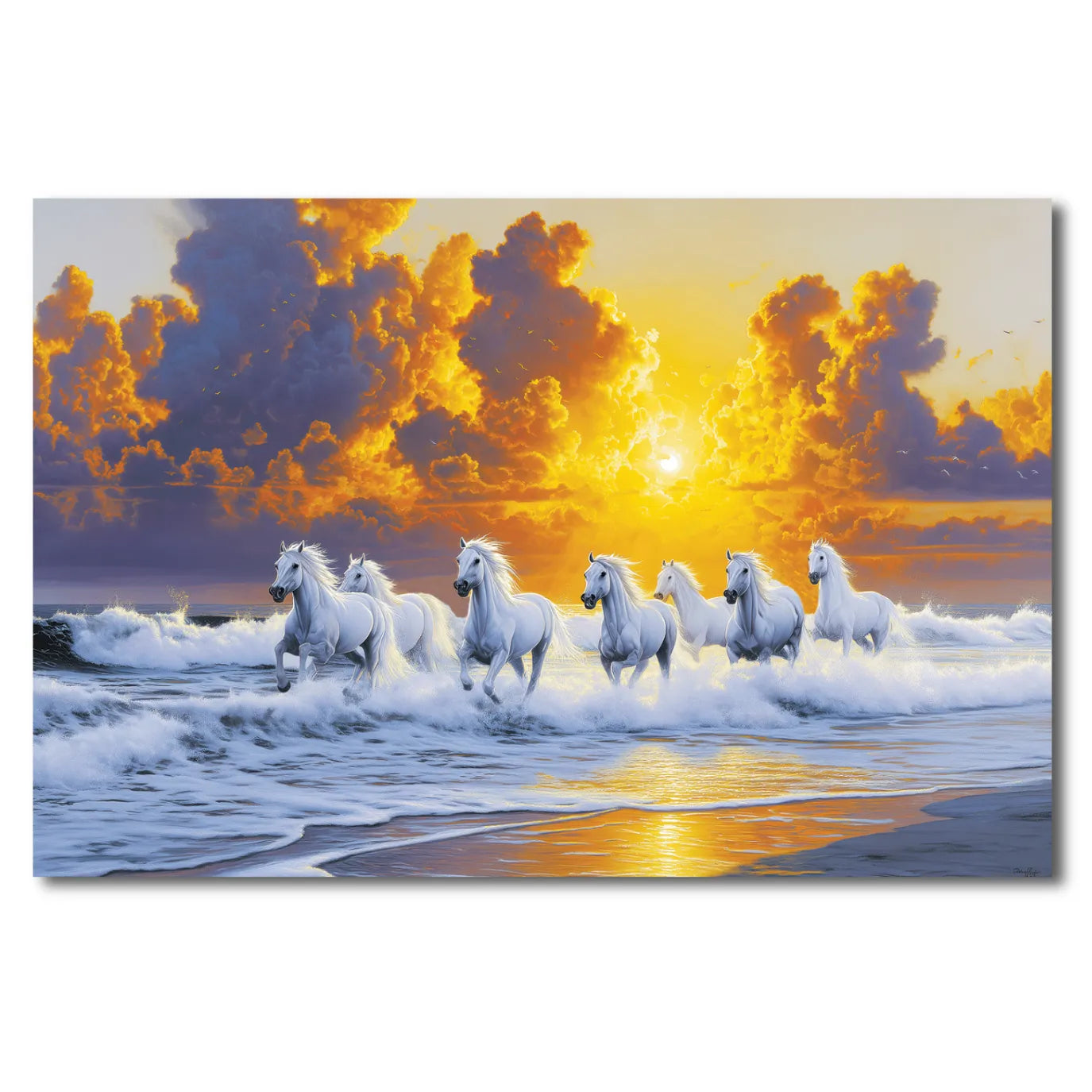 White horses running on a beach with a dramatic sunset sky