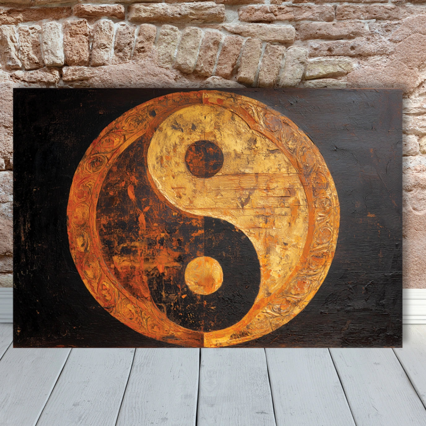 Yin and yang painting symbol on a wooden board against a stone wall background
