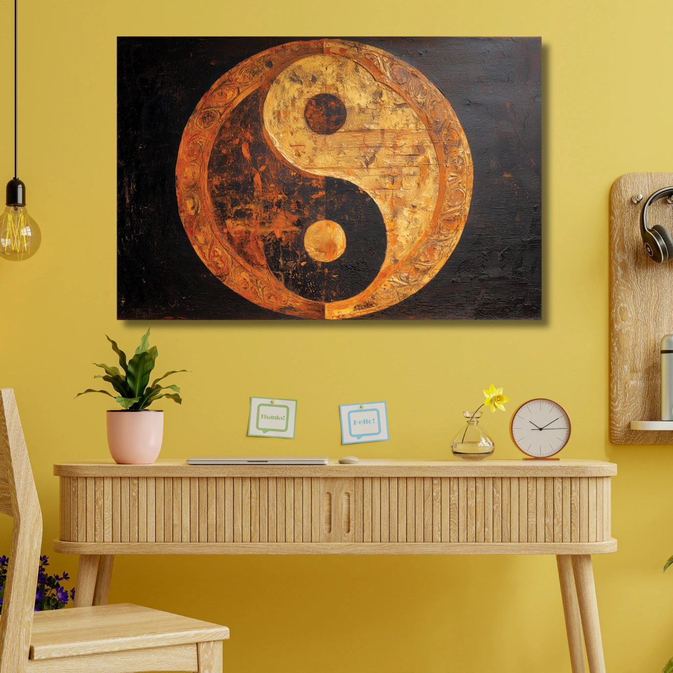 Yin and yang symbol painting on a yellow wall above a wooden desk.