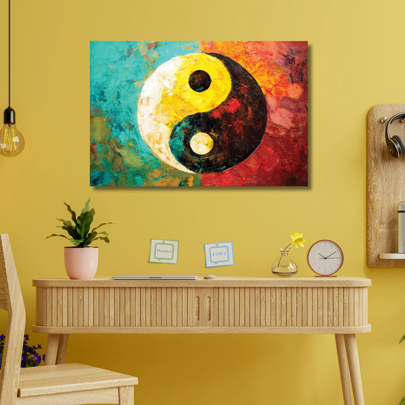 Colorful yin yang painting on a yellow wall above a wooden desk.