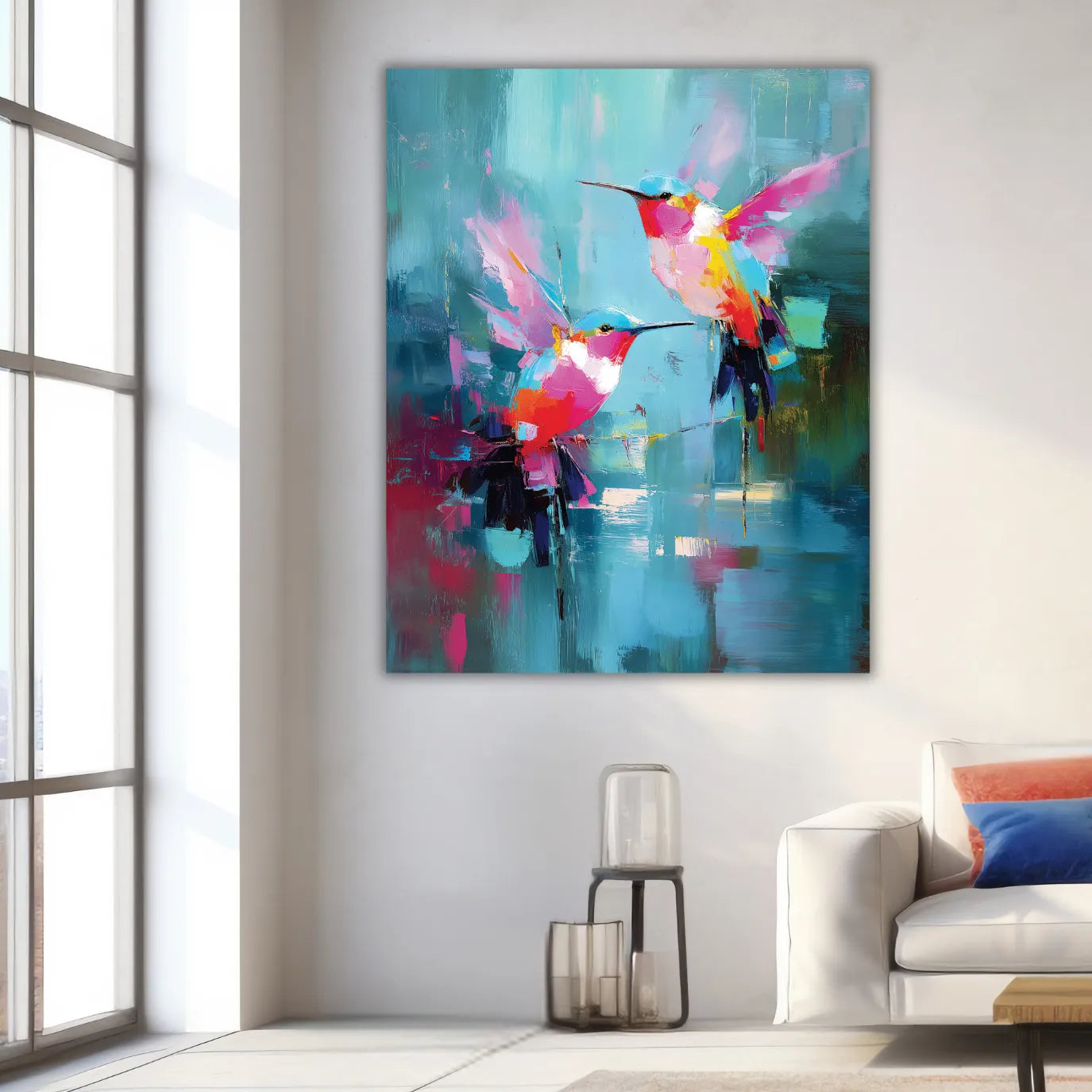 Colorful abstract painting of hummingbirds on a wall in a modern living room.