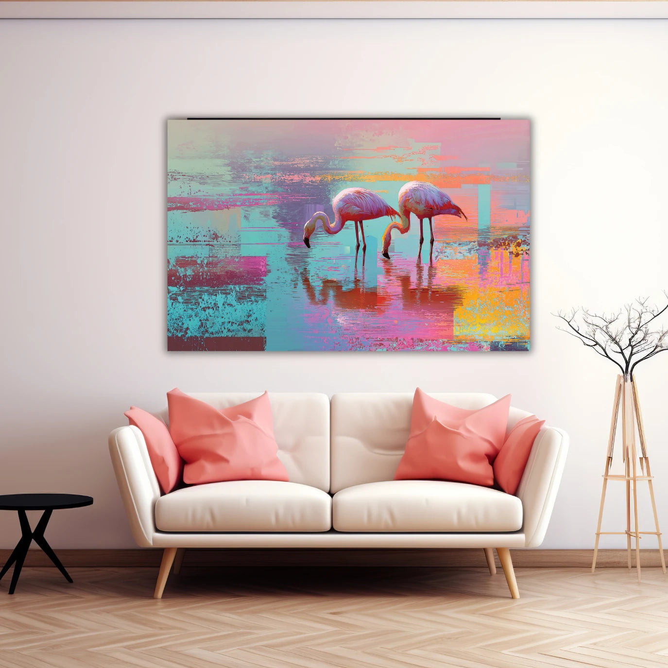 Colorful abstract painting of flamingos on a wall