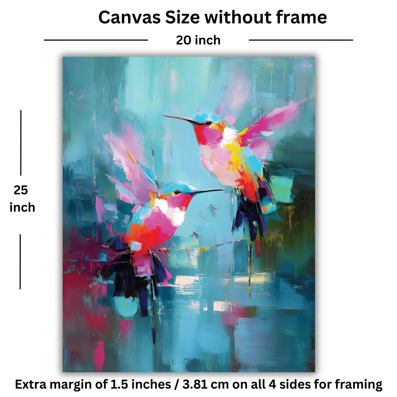 Colorful abstract painting of a hummingbird on a white background with dimensions indicated.
