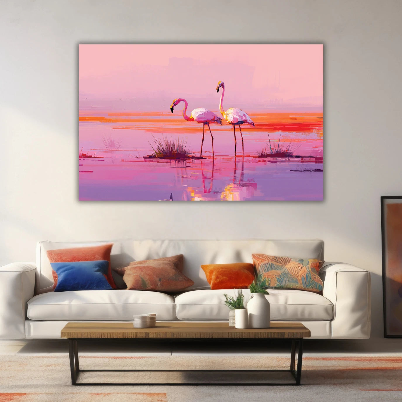 Living room with a painting of flamingos on a pink sky background