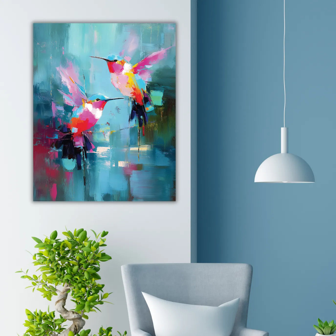 Colorful abstract painting of hummingbirds on a white wall with a blue accent wall, chair, and plants.