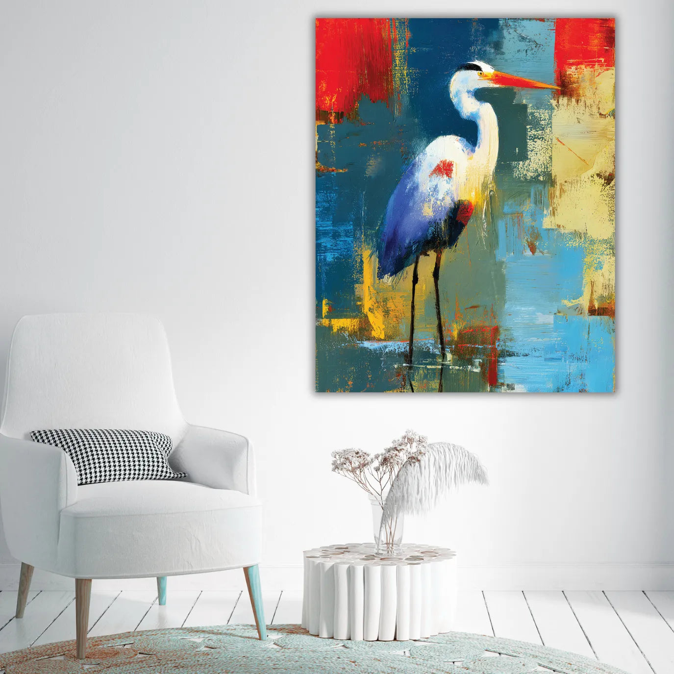 Abstract painting of a bird in a modern living room setting