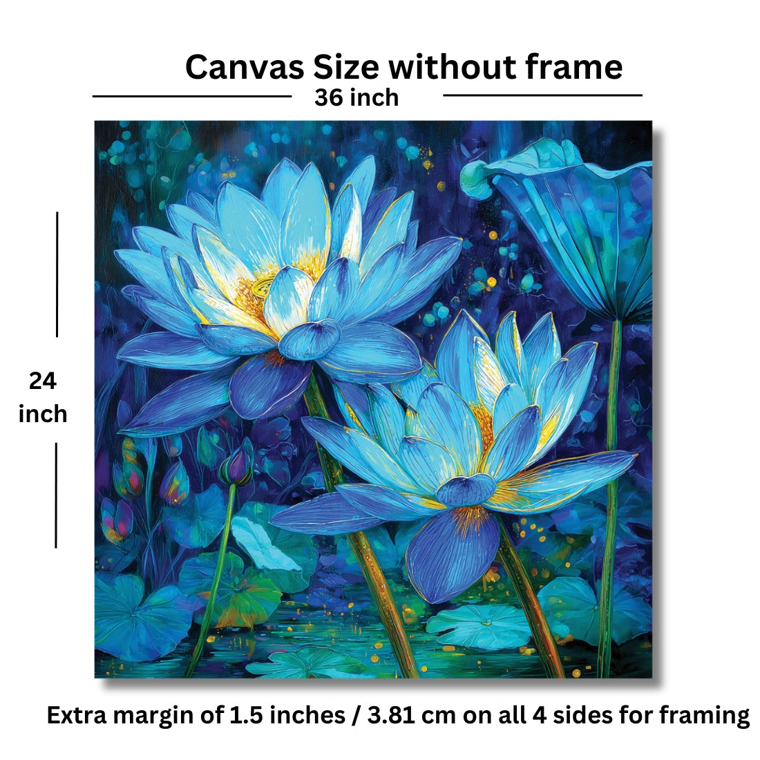 Canvas size without frame with blue lotus flower painting, dimensions 36x24 inches, extra margin for framing.