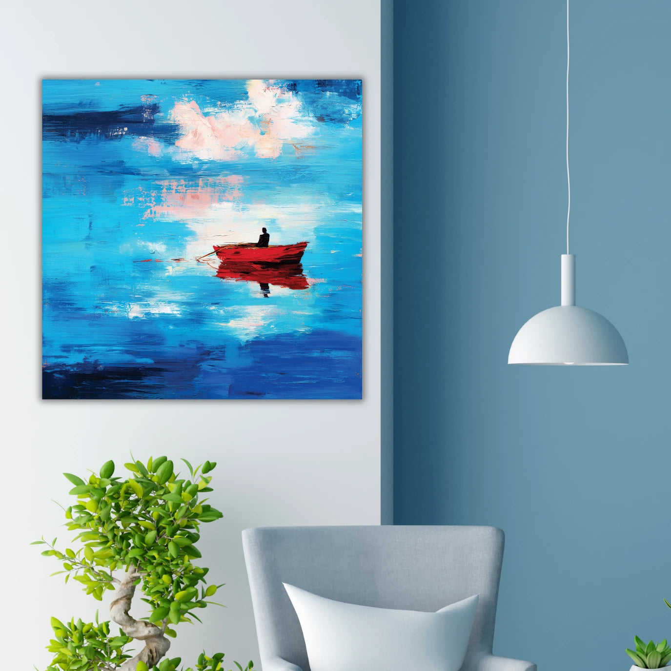 Abstract painting of a red boat on water