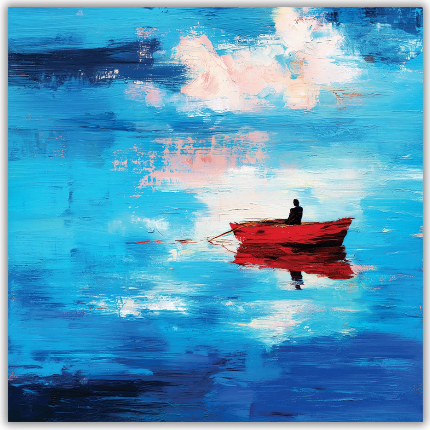 Abstract painting of a red boat on blue water with a person inside