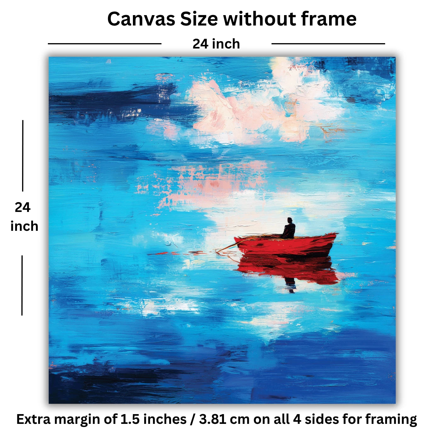 Painting of a red boat on water with a blue sky, showing the canvas size without frame.