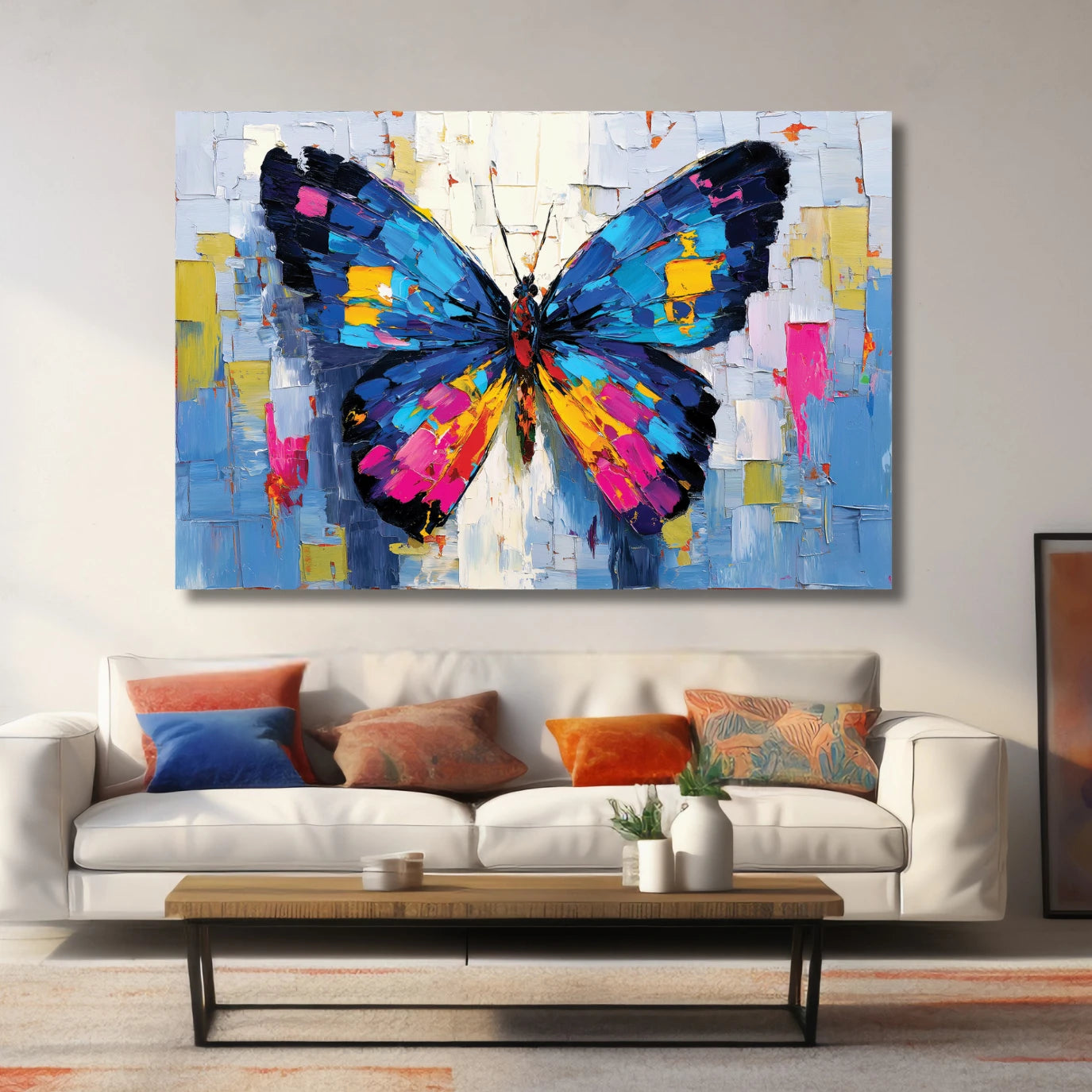 Colorful abstract butterfly painting on a wall