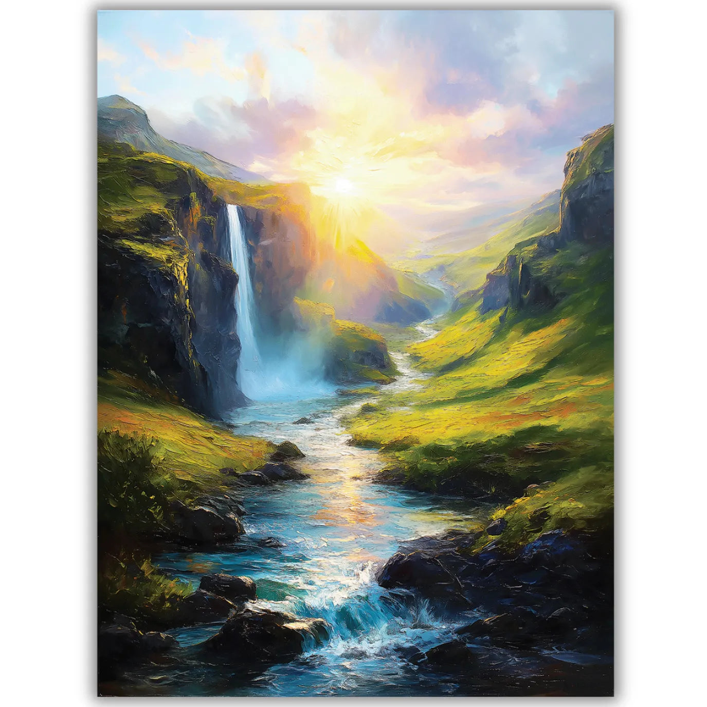 waterfall Painting and sunrise.