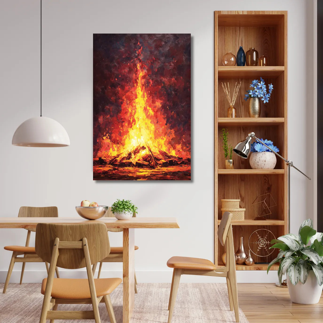 Dining room with a fire painting on the wall, a wooden table, chairs, and a bookshelf.