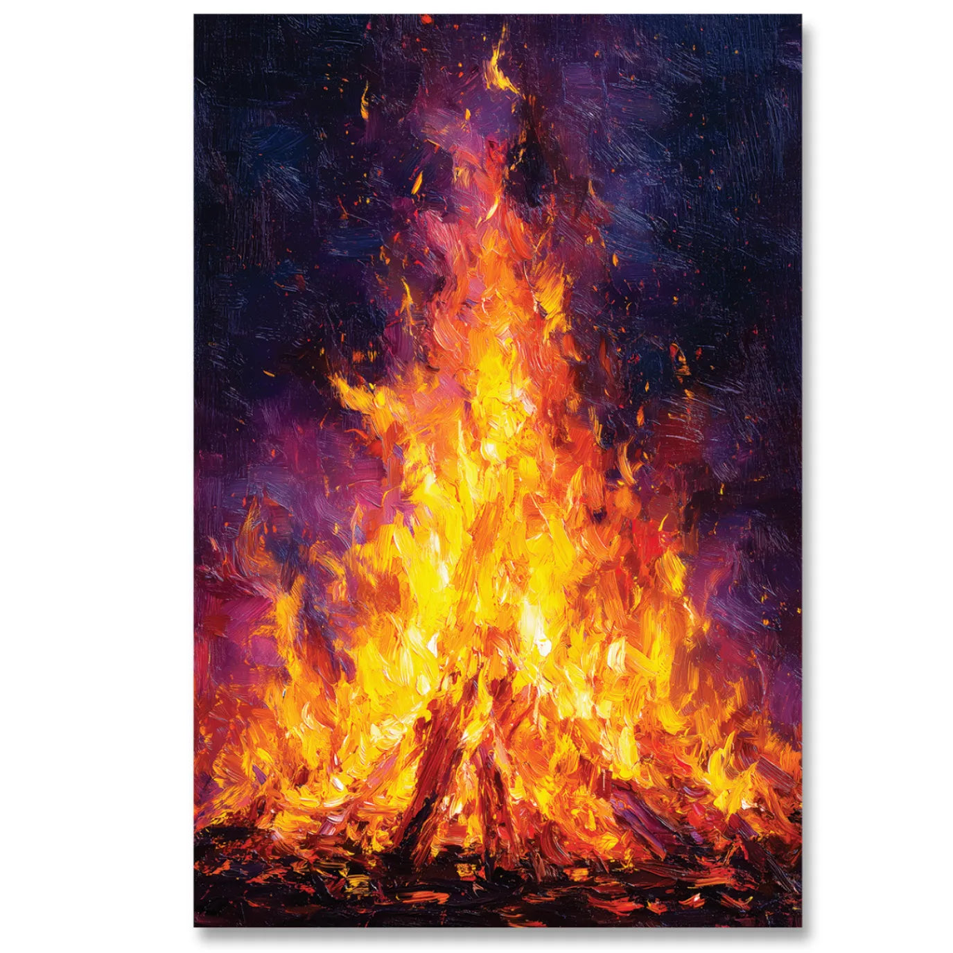 Artistic depiction of a bonfire with vibrant orange and red flames against a dark background