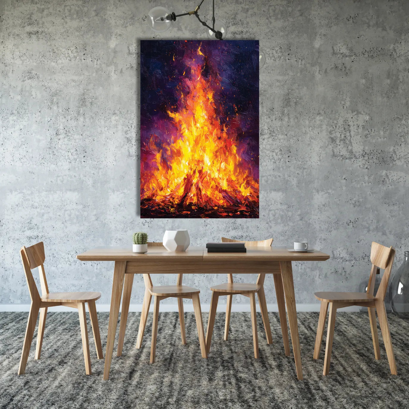 Dining room with a wooden table and chairs, featuring a large abstract fire painting on the wall.
