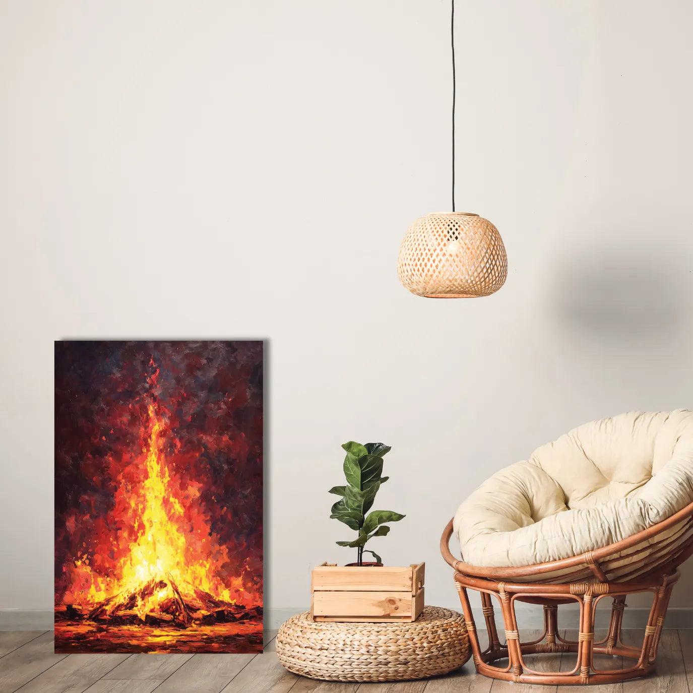Room interior with a fiery fire painting, wicker chair, and plant on a wooden floor.