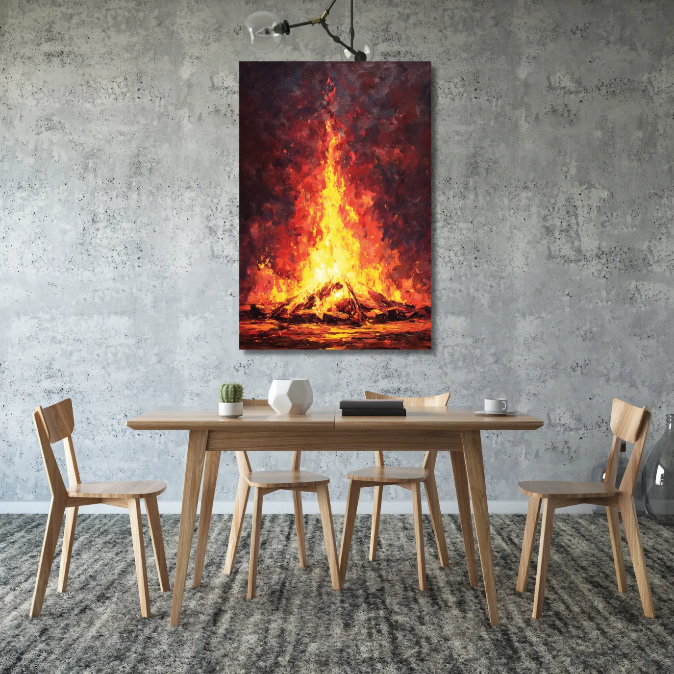 Dining area with wooden table and chairs, featuring a large abstract painting of flames on the wall.
