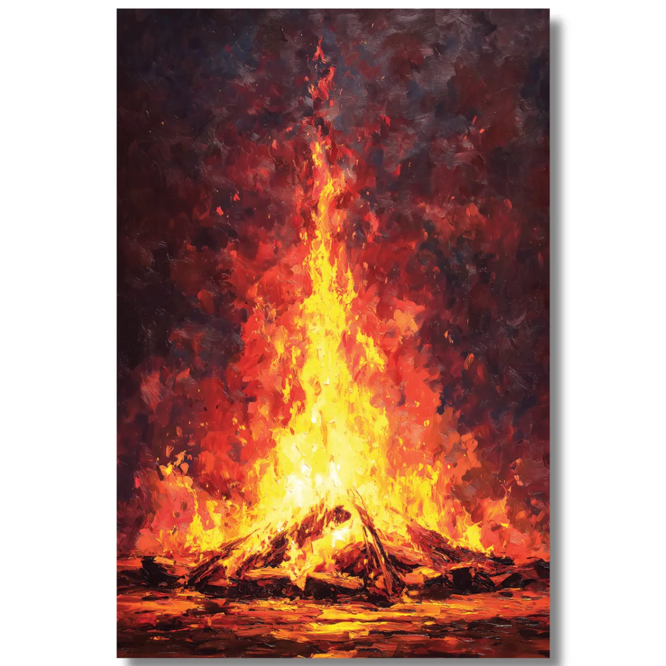 Oil painting of a large bonfire with intense flames and dark background