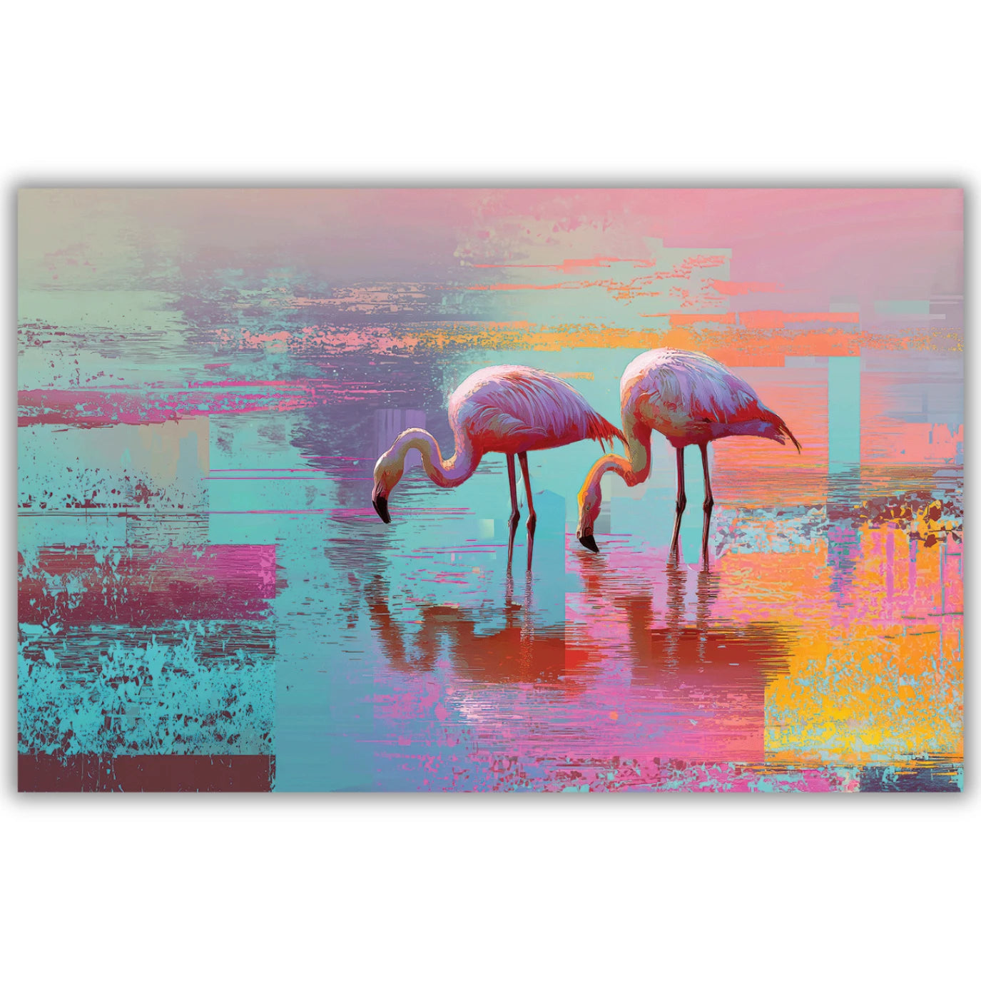 Two flamingos in a colorful water painting