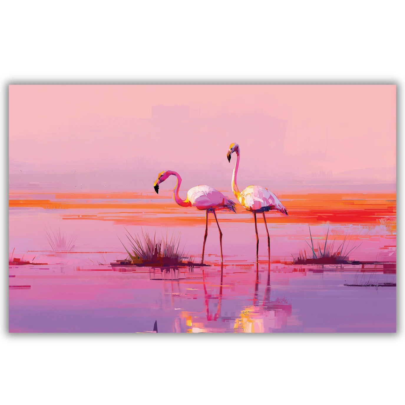 a canvas wall painting of Two flamingos standing in water with a pink and orange sunset in the background