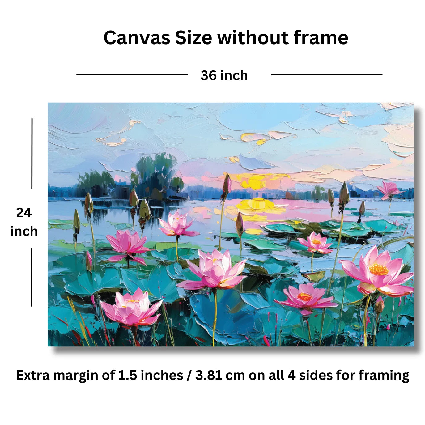 Canvas size without frame with dimensions and additional margin information about lotus flower painting.