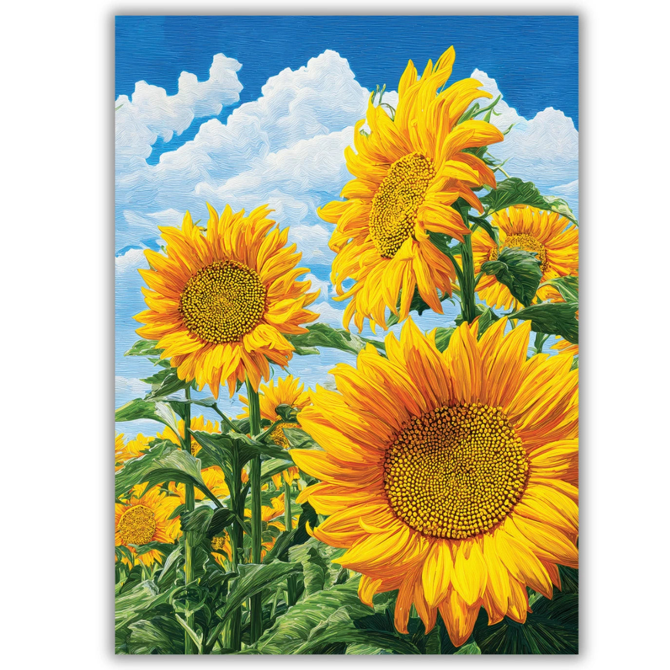 Painting of sunflowers against a blue sky with white clouds