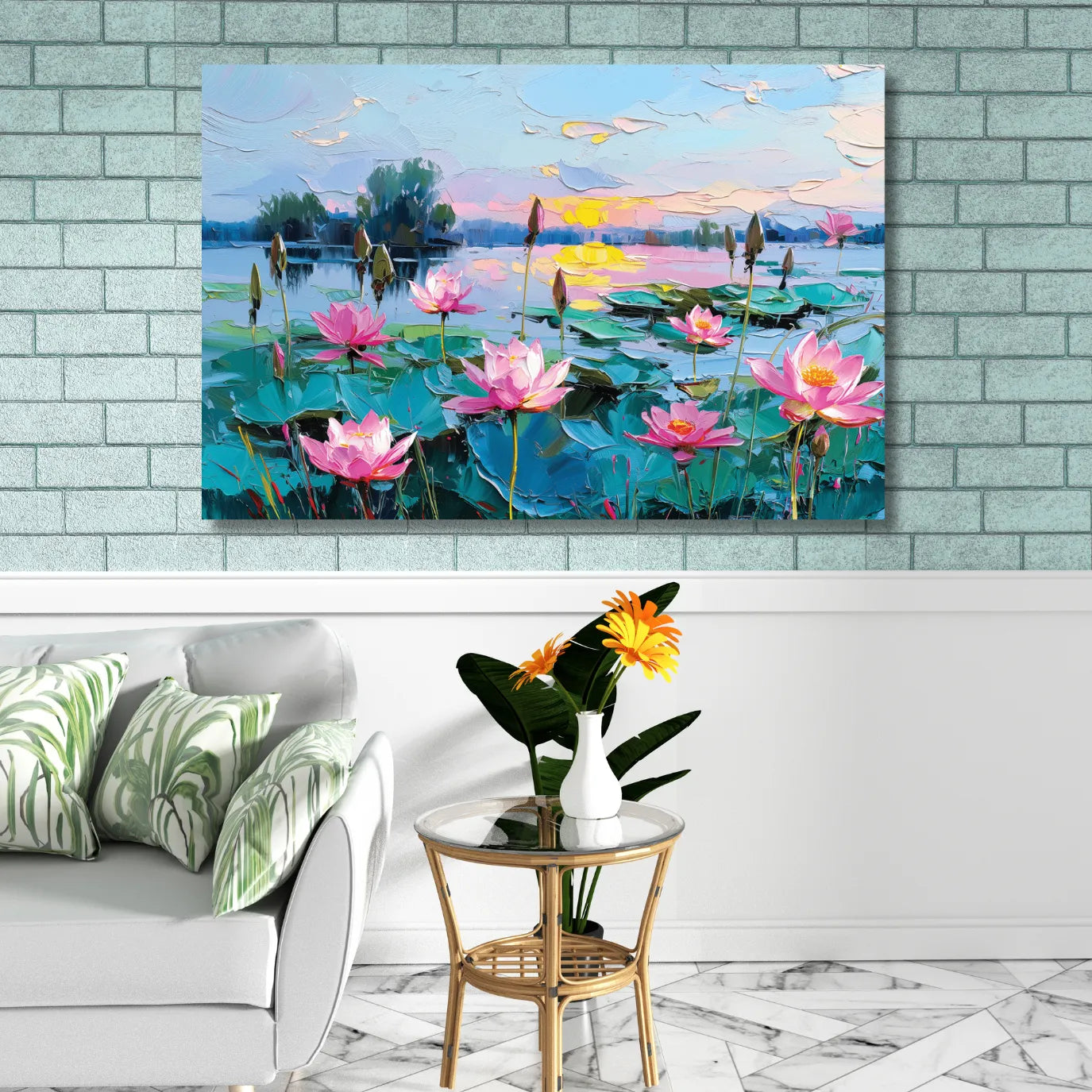 Painting of pink lotus flowers on a brick wall above a sofa with decorative pillows.