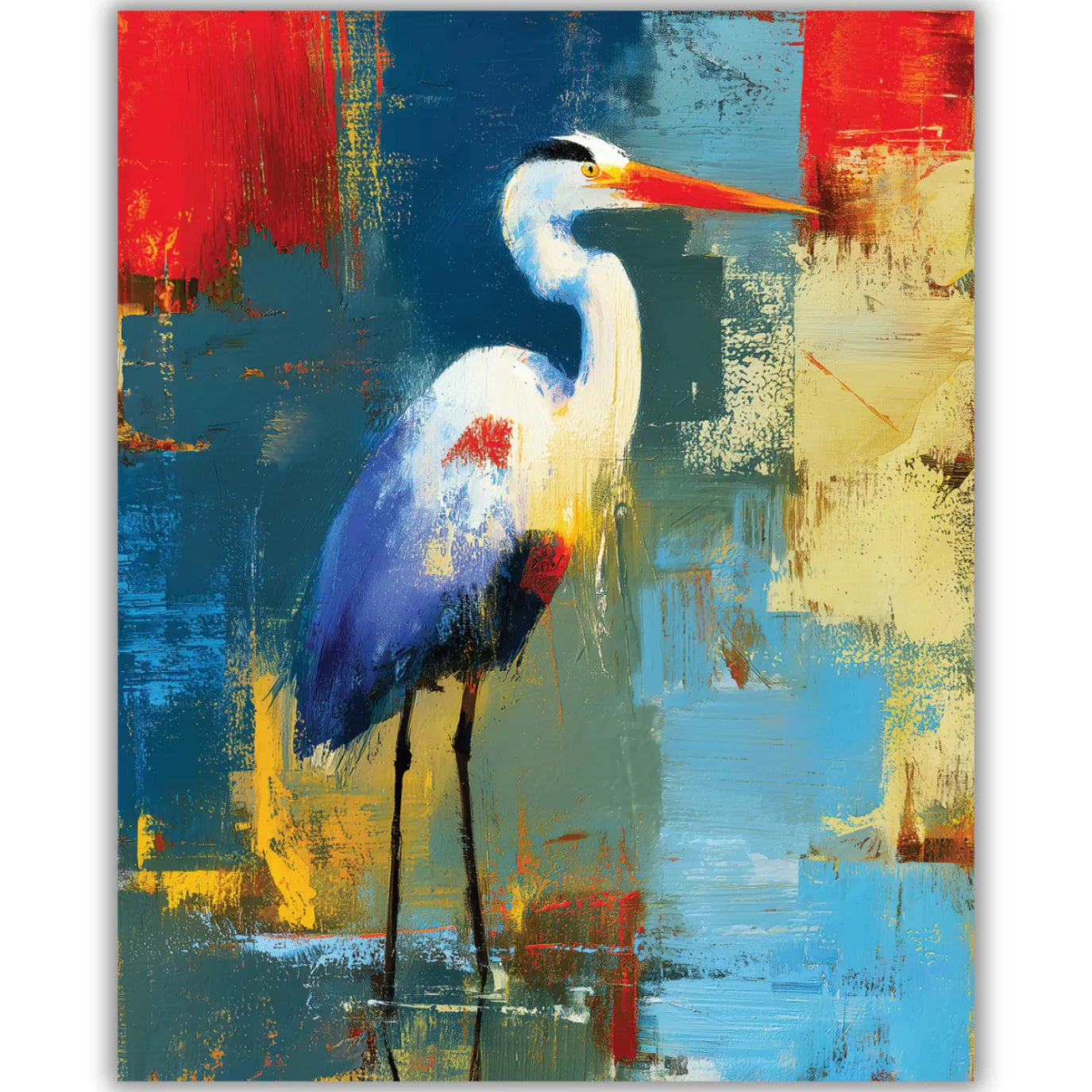 Abstract painting of a heron with a colorful background