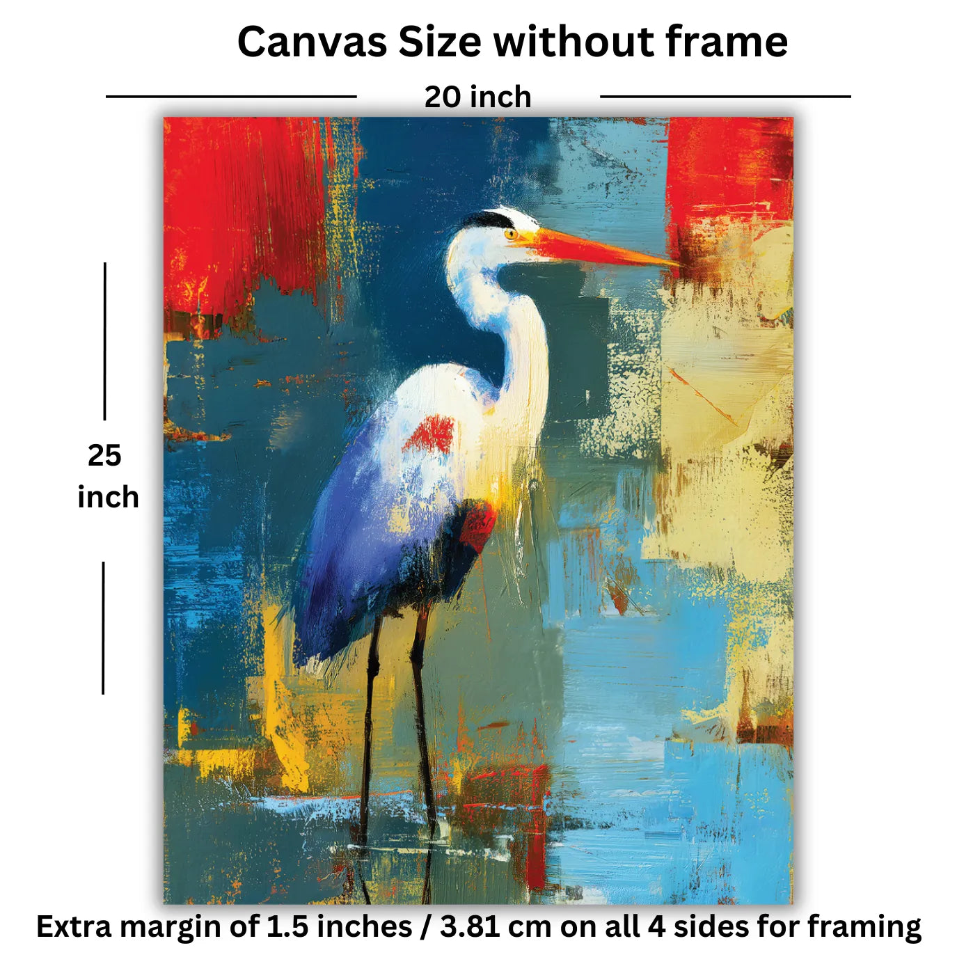 Painting of a heron on a colorful abstract background with dimensions.