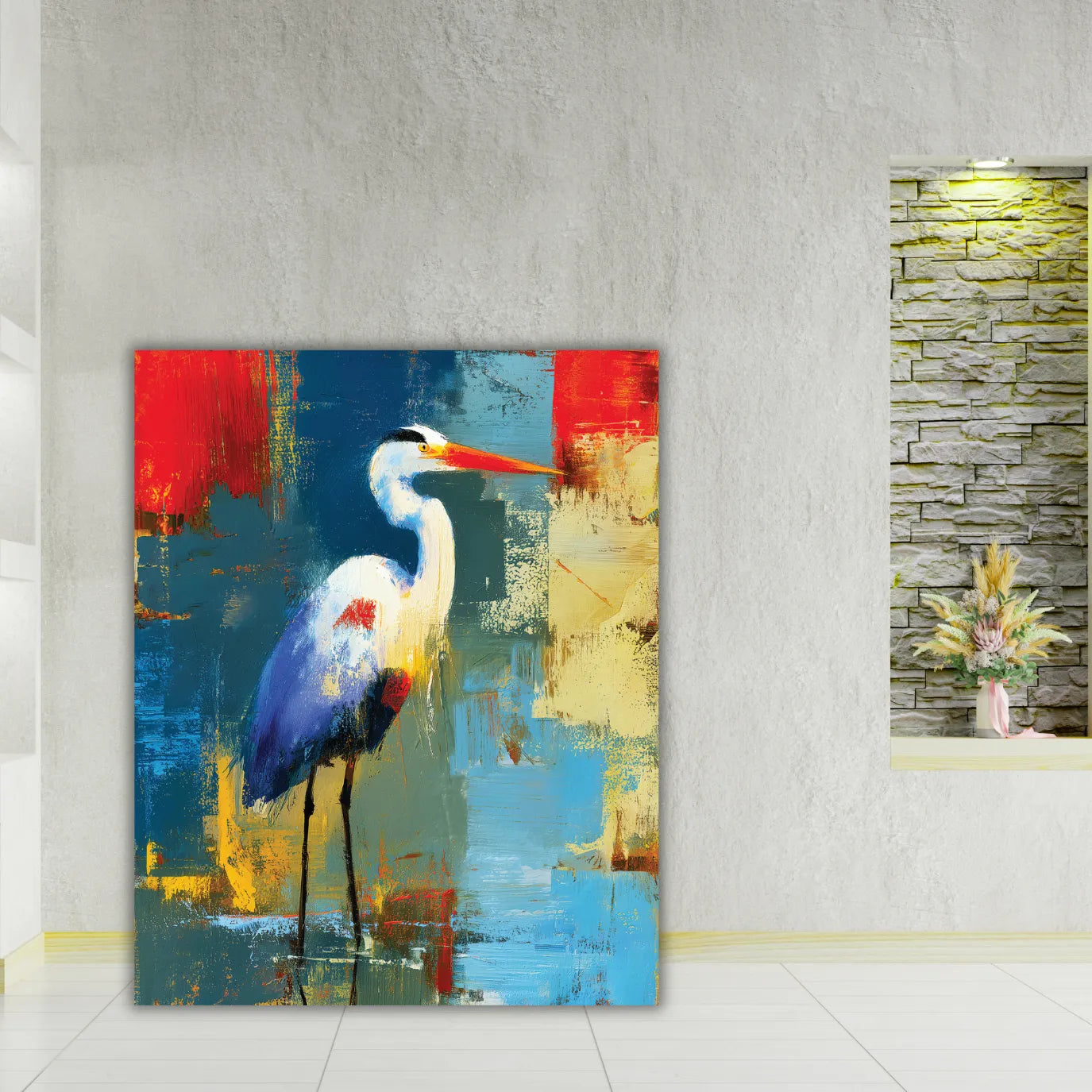 Abstract painting of a bird on a textured wall