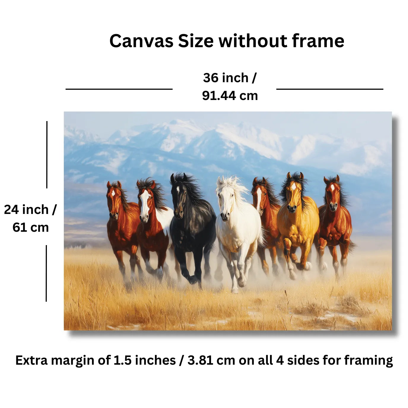Canvas size without frame with a depiction of horses running in a field.