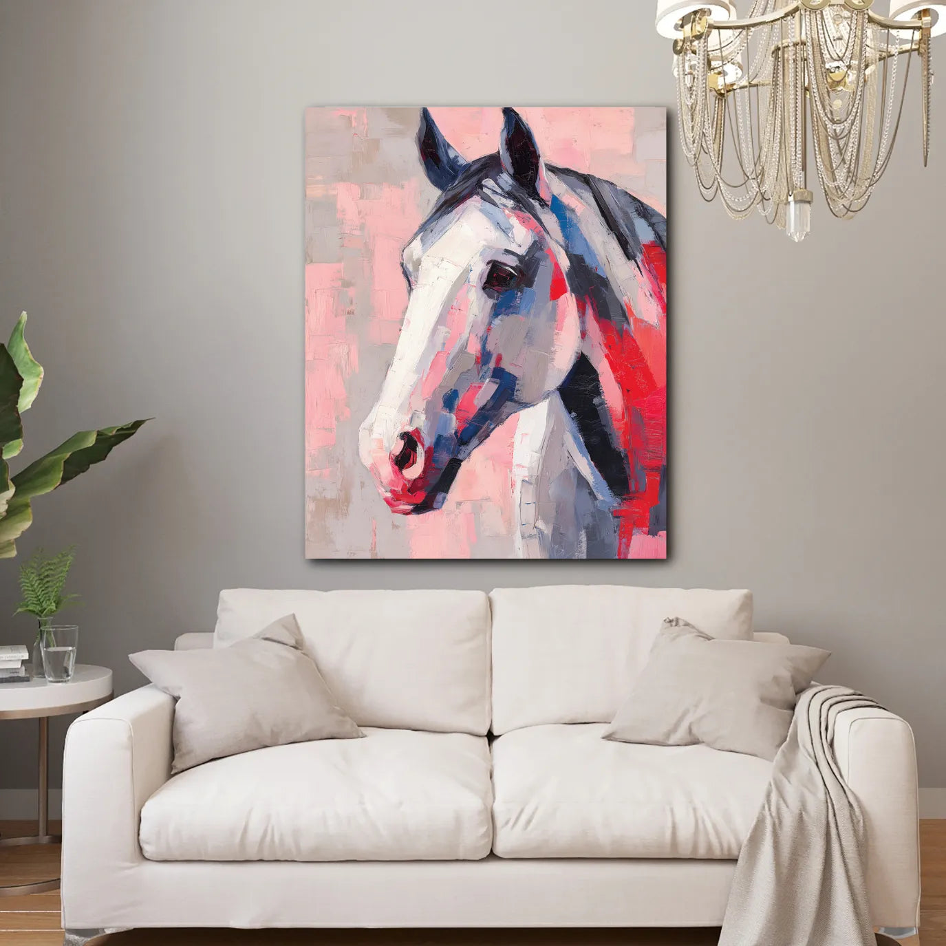 Living room with a white sofa and a colorful horse painting on the wall.